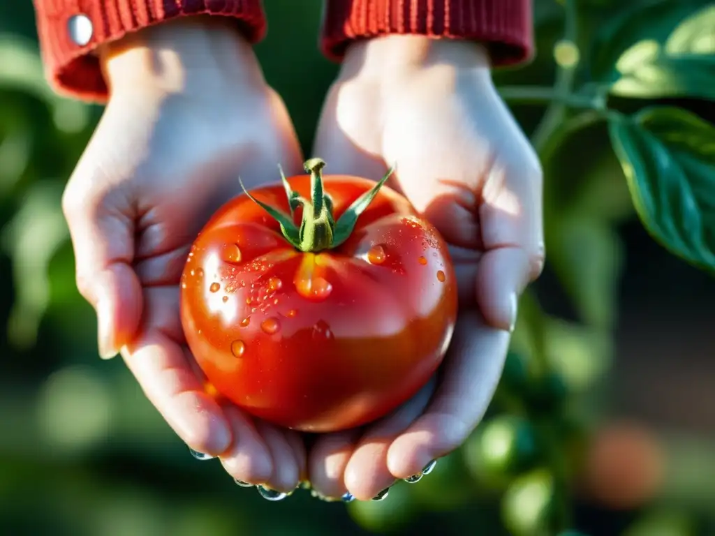 Una mano sostiene un tomate rojo vibrante con gotas de agua, resaltando su belleza natural