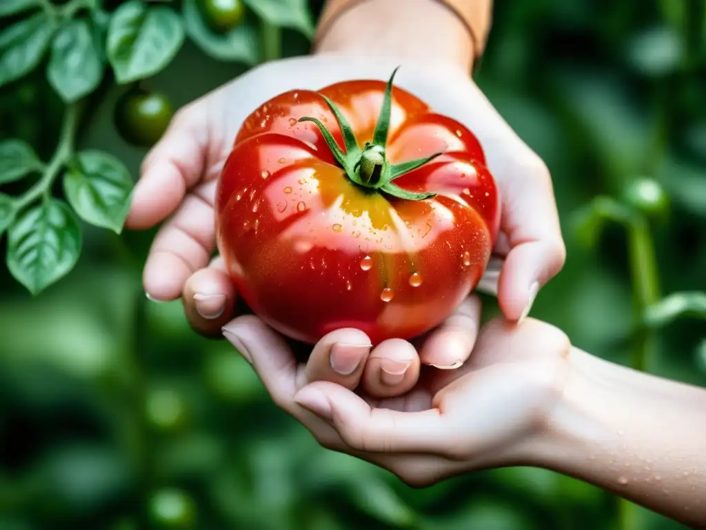 Mano sosteniendo un tomate rojo vibrante con gotas de agua, en un ambiente natural