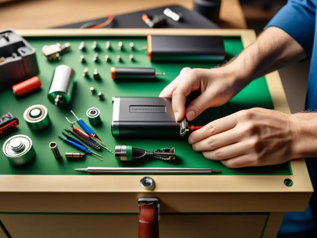Manos desmontando una batería usada con herramientas pequeñas, destacando la precisión y cuidado en el proceso
