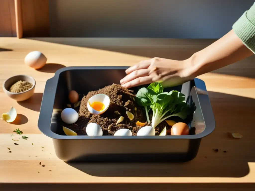 Manos esparciendo compost sobre un jardín, ilustrando el ciclo sostenible de alimentos y residuos