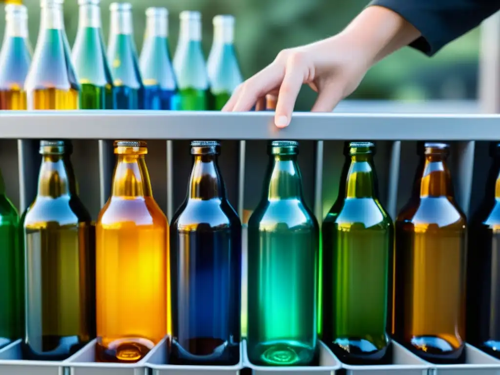 Manos separando con cuidado botellas de vidrio de colores en contenedores de reciclaje