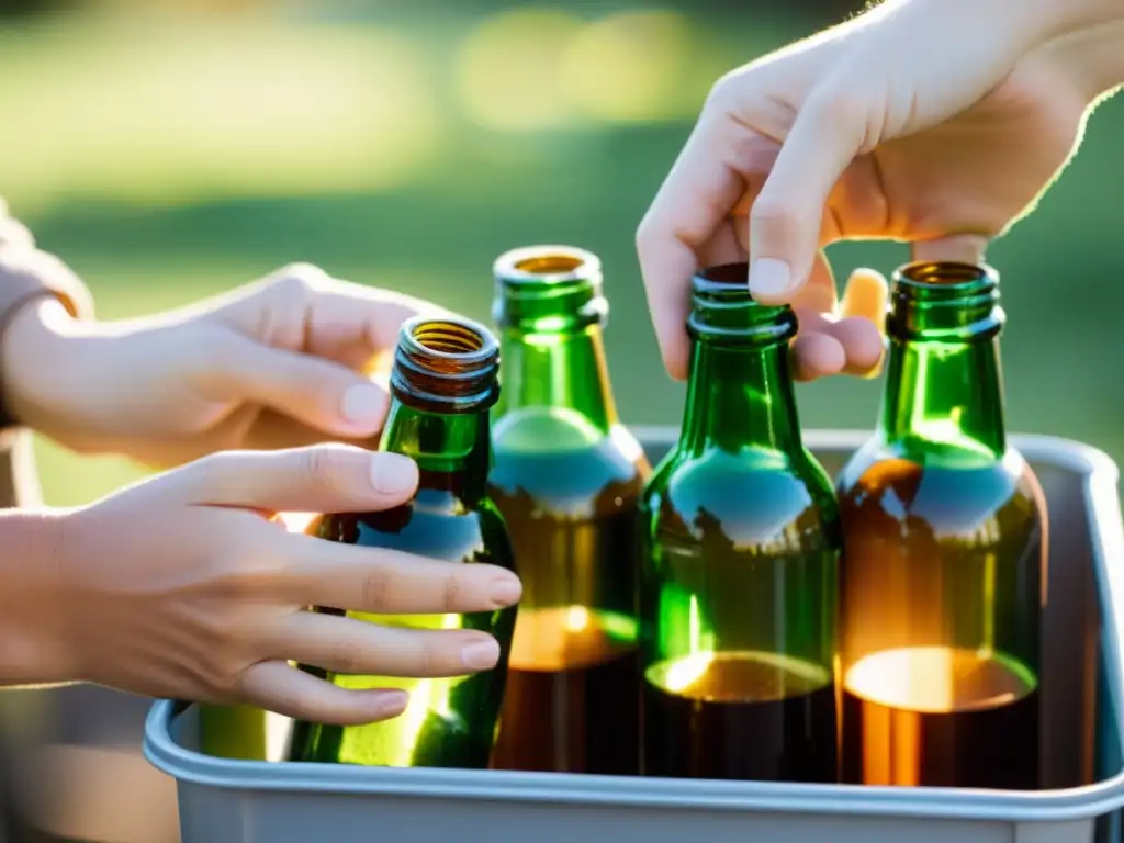 Manos separando con cuidado botellas de vidrio en contenedores de reciclaje