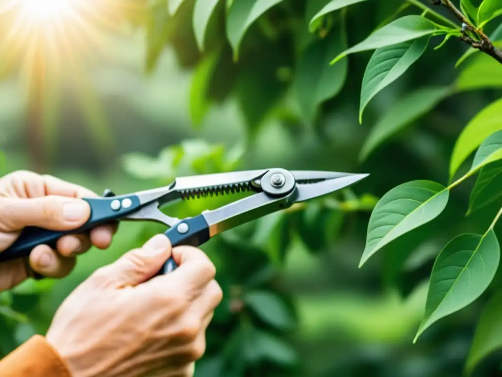 Manos usando con cuidado herramientas de poda responsables en árbol frondoso, representando cuidado responsable de árboles