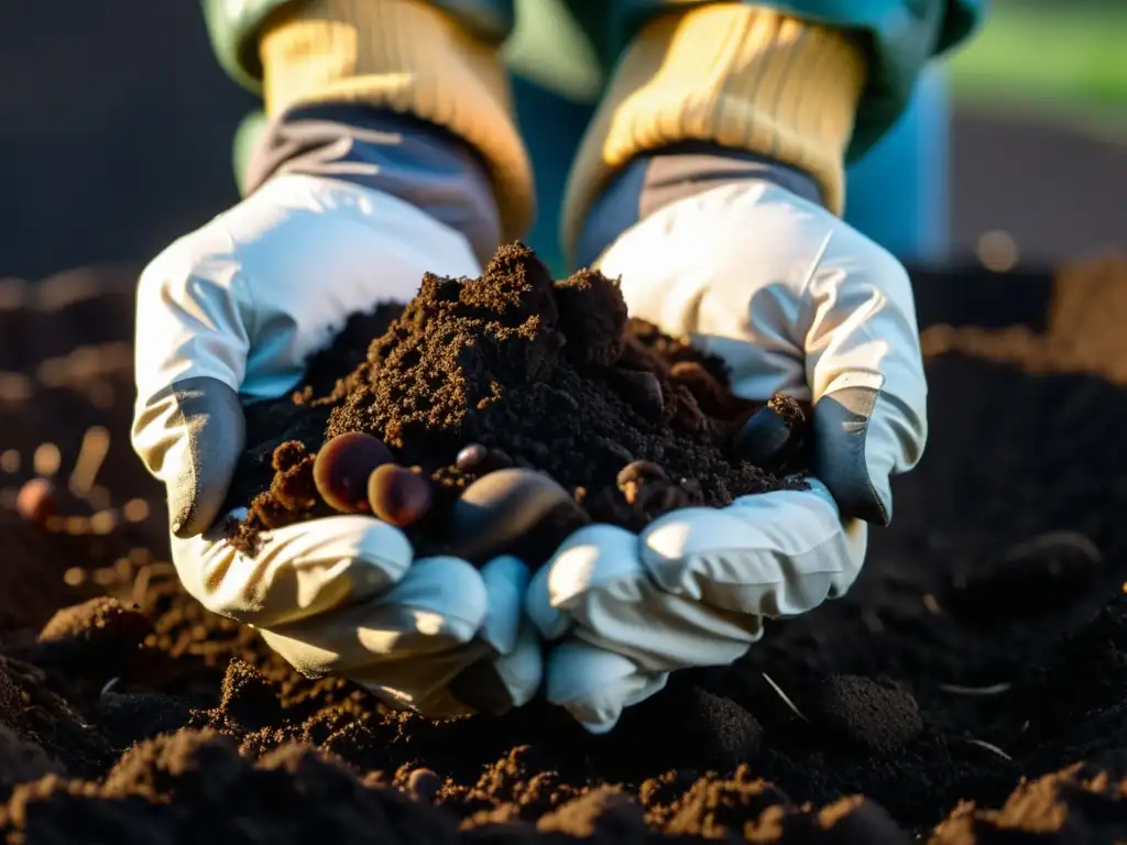 Manos cuidadosas mezclando abono verde y compostaje en casa, enriqueciendo la tierra con nutrientes y fertilidad