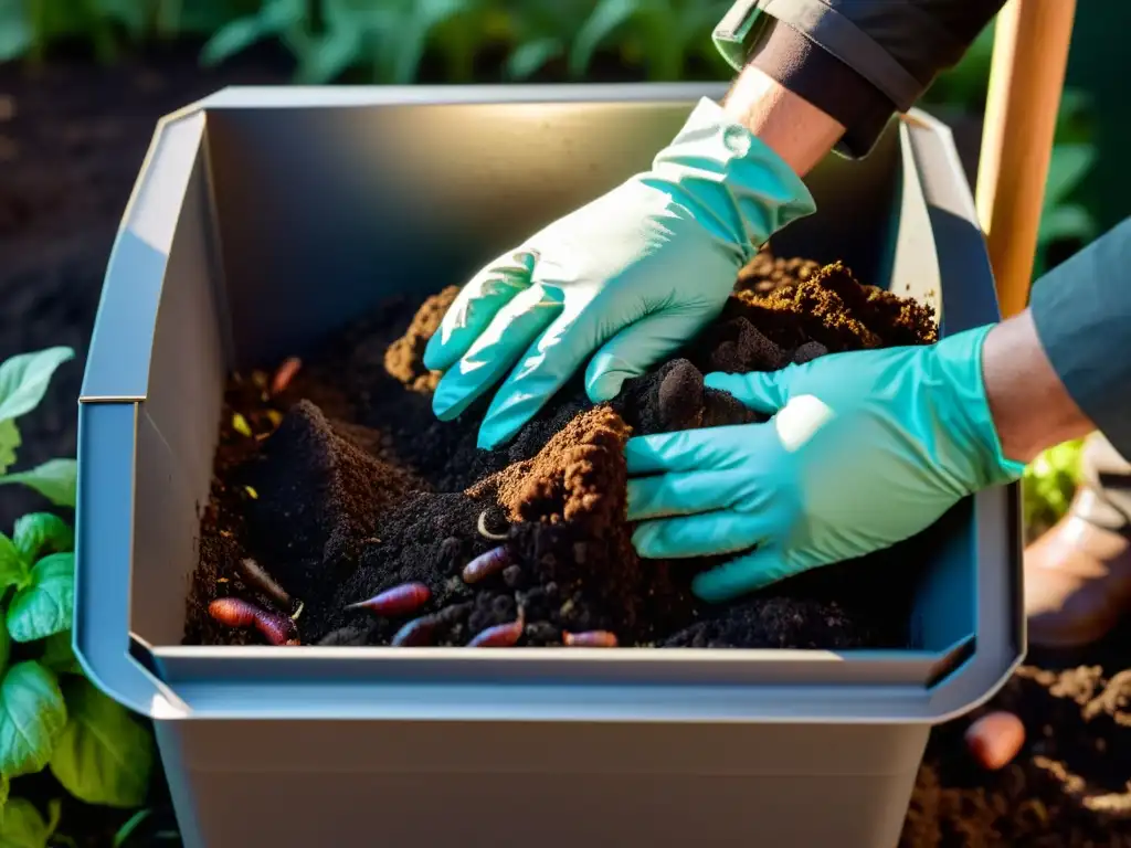 Manos cuidadosas aireando compost en un contenedor moderno, oscuro y rico en material orgánico, con gusanos trabajando