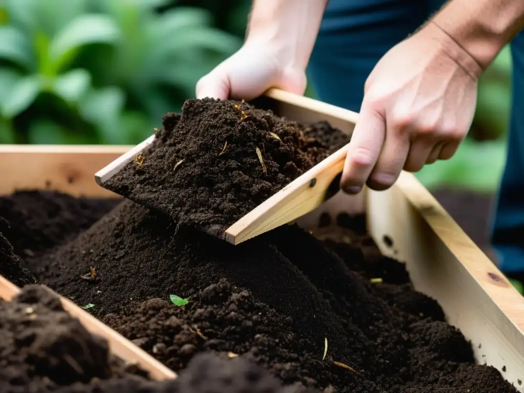 Manos cuidadosas aireando compost con una horca de madera, enriqueciendo el suelo