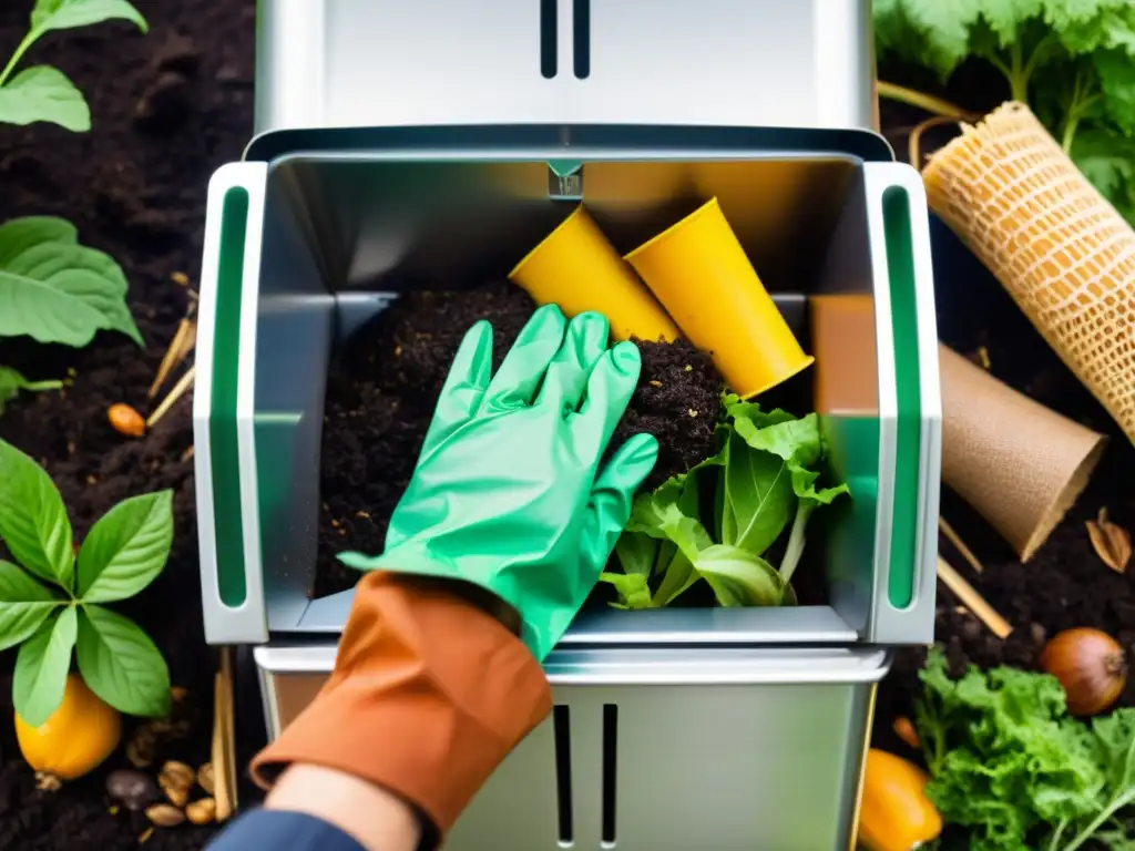 Manos cuidadosas crean compost en bin moderno, evitando errores compostaje doméstico