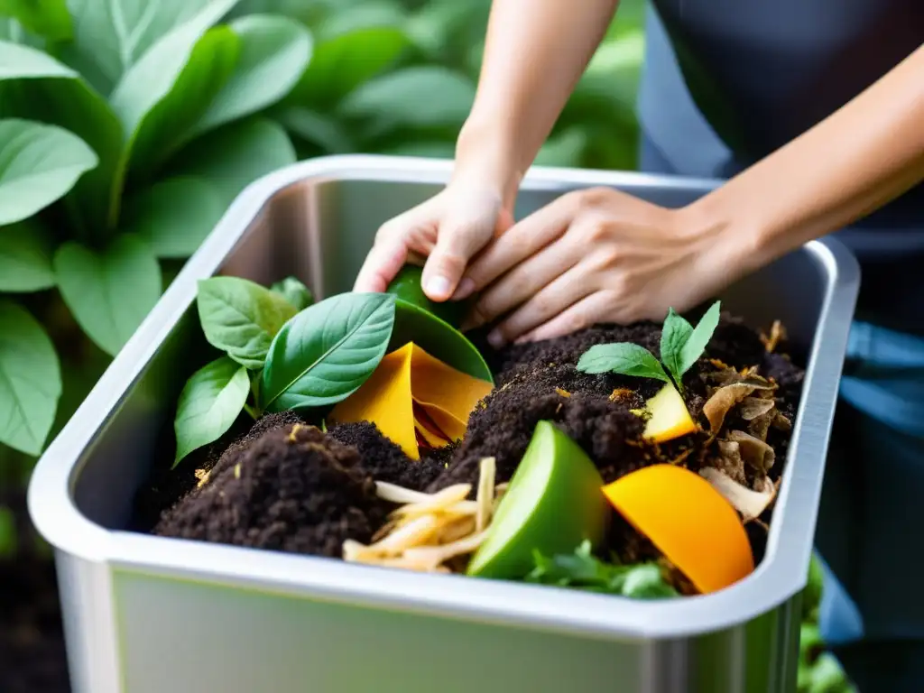 Manos cuidadosas crean compost en un moderno contenedor