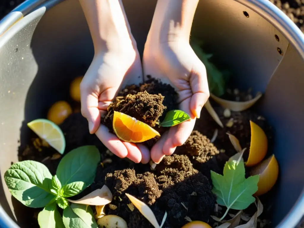 Manos cuidadosas crean compost con restos de alimentos y hojas en un contenedor