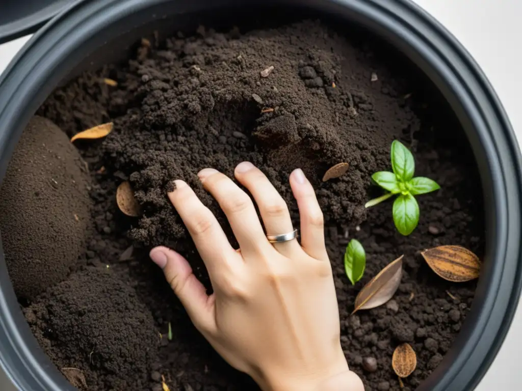 Manos cuidadosas volteando compost, revelando la riqueza orgánica