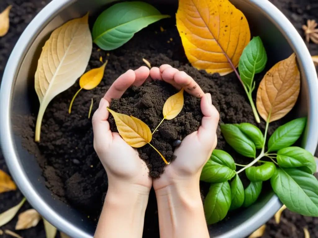 Manos cuidadosas crean compostaje para plantas de interior en contenedor moderno, con detalle ultra definido y luz suave