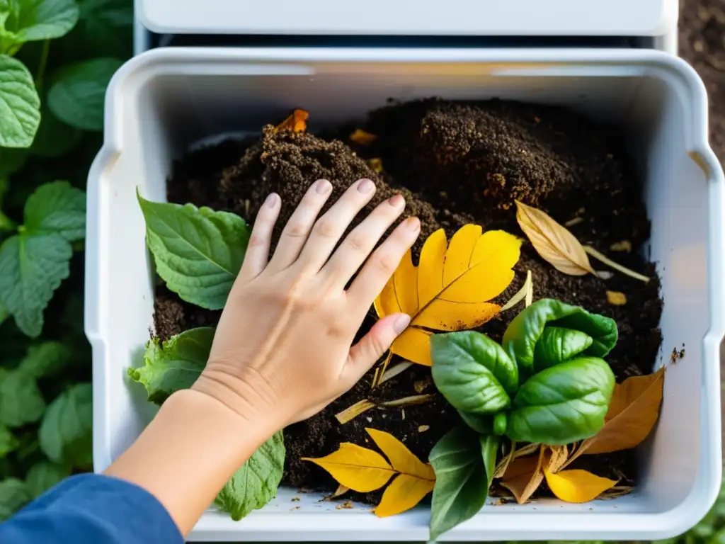 Manos cuidadosas crean un compostaje sostenible en casa, resaltando la belleza y el proceso educativo del negocio compostaje sostenible hogar