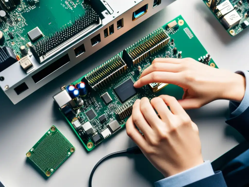 Manos cuidadosas desmontando una computadora antigua, con componentes electrónicos organizados en un espacio limpio y bien iluminado