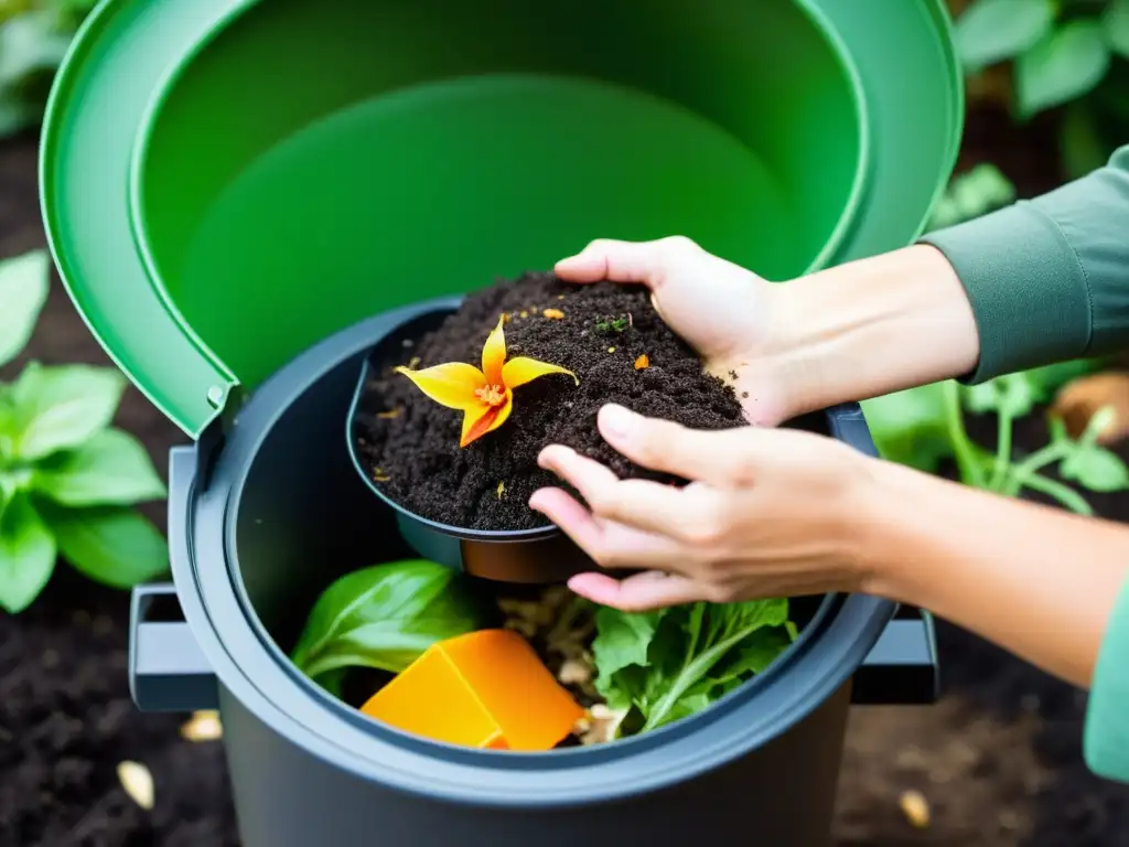 Manos cuidadosas mezclando desechos orgánicos en un compostador moderno, ilustrando las mejores técnicas de compostaje en casa