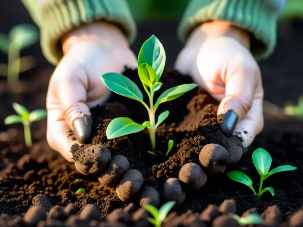 Manos cuidadosas siembran ecofriendly en el hogar, nutriendo una tierna planta en tierra fértil