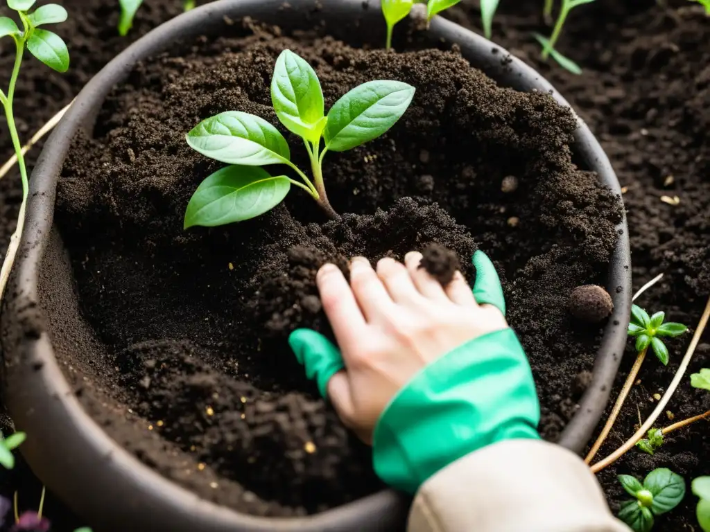 Manos cuidadosas plantan semillas orgánicas en compostaje, conectando con la naturaleza en casa