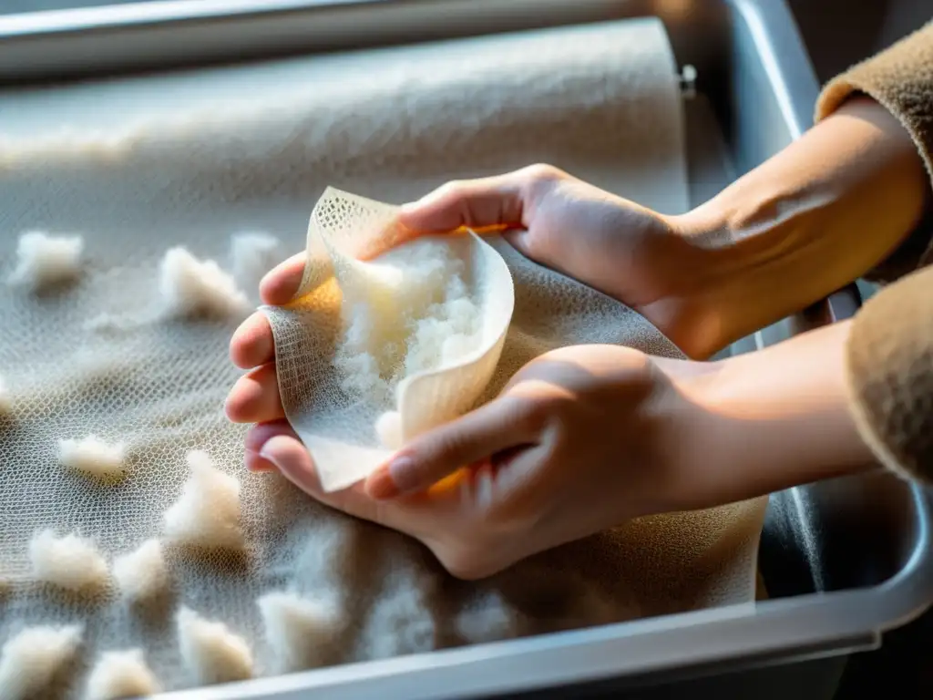 Manos delicadas crean papel reciclado en casa, con luz suave y enfoque sereno