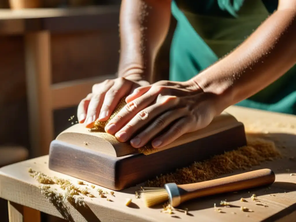 Manos detalladas lijando una silla de madera vieja, con luz suave