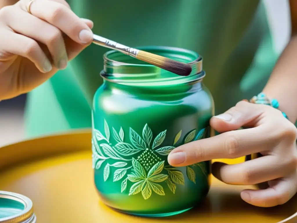 Manos pintando diseños detallados en un frasco de vidrio reciclado, transformando tarros y latas en arte con destreza y creatividad