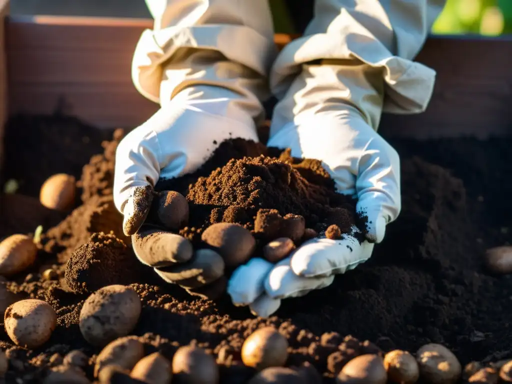 Manos enguantadas mezclan compost oscuro en la tierra, creando un ambiente cálido y natural