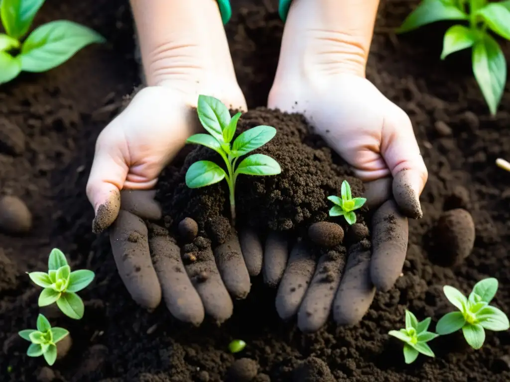 Manos enguantadas mezclan compost oscuro en el suelo, rodeadas de plantas verdes y lombrices