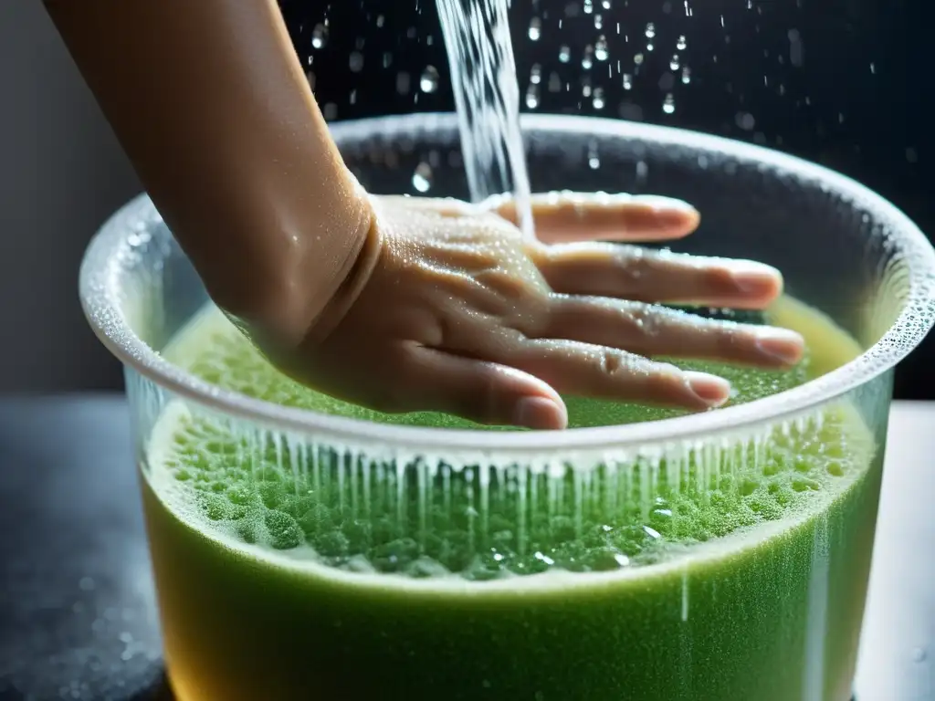 Manos limpiando un envase de plástico bajo el agua, en un ambiente minimalista y tranquilo