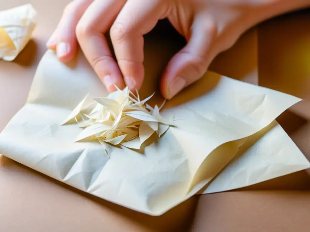 Manos creando esculturas papel reciclado paso a paso, con detalle y cuidado en cálido ambiente de luz