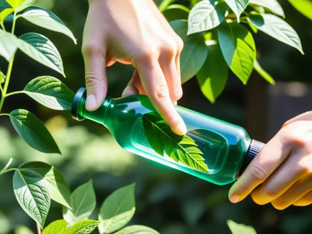 Manos expertas transforman botellas plástico en macetas colgantes, en un entorno verde y soleado