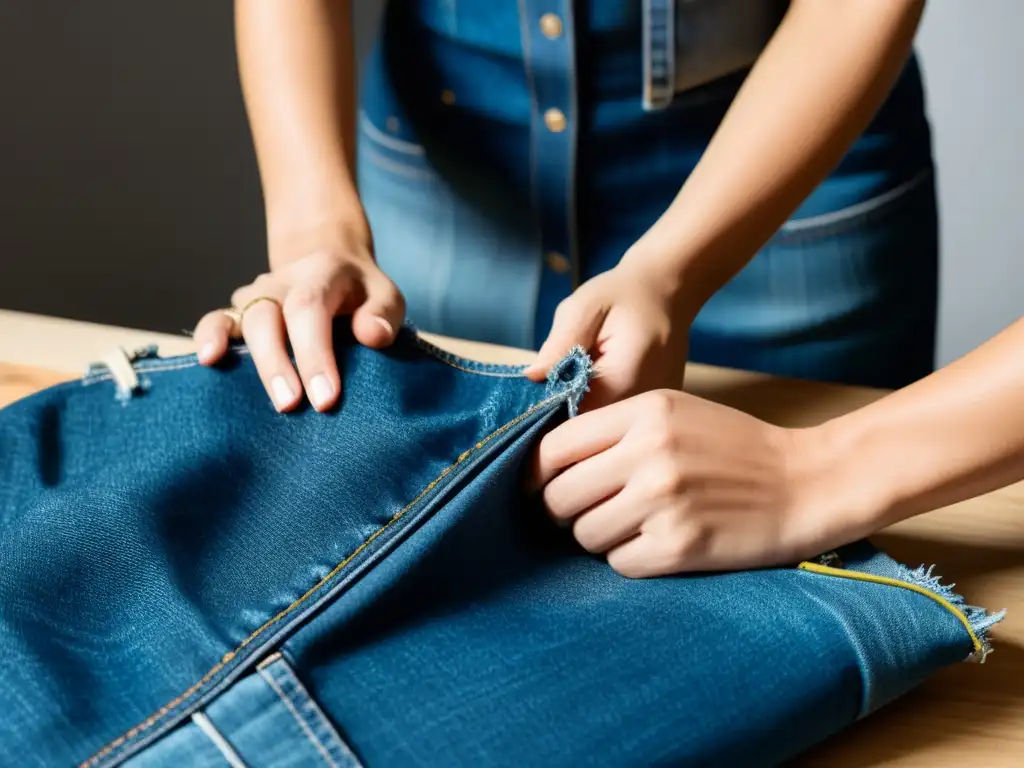 Manos expertas transforman una camisa en un bolso, destacando el reciclaje de ropa sostenible con maestría y cuidado artesanal