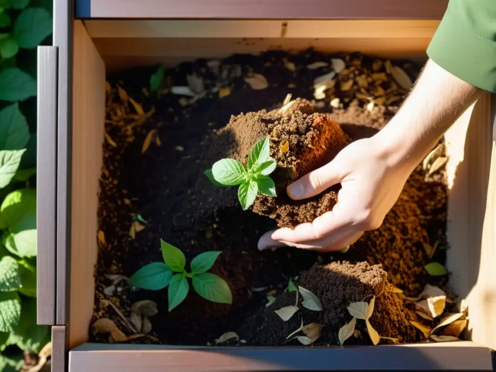 Manos expertas preparando compostaje en el jardín para principiantes en una caja de madera, con luz natural filtrándose entre las hojas