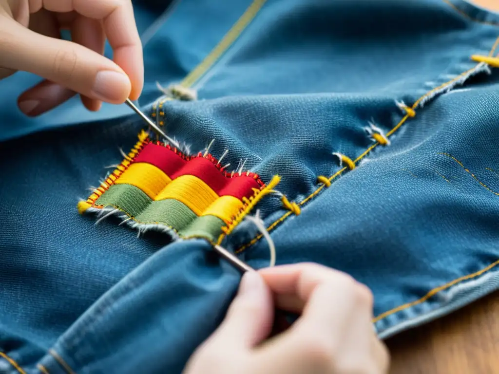 Manos expertas cosiendo parches coloridos en chaqueta denim, mostrando técnicas de reciclaje para customizar ropa con creatividad y estilo sostenible