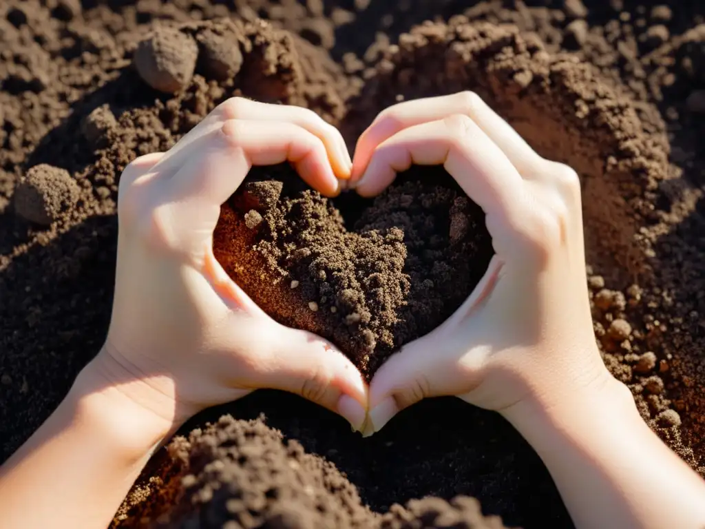 Unión de manos en forma de corazón con tierra y compostaje, simbolizando sinergias entre marcas en compostaje y unidad ambiental