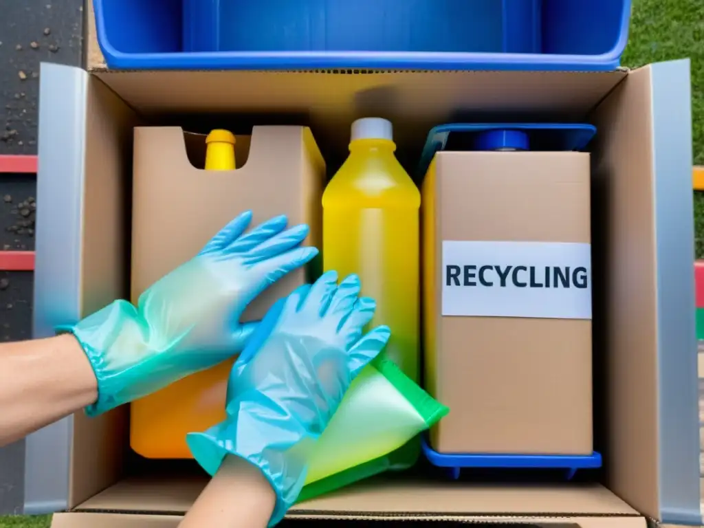 Manos con guantes azules separan envases de productos de limpieza en contenedores de reciclaje