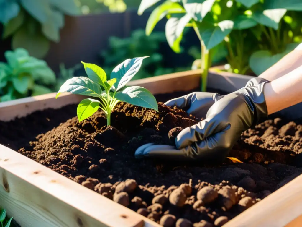 Manos con guantes esparciendo compost en un jardín exuberante