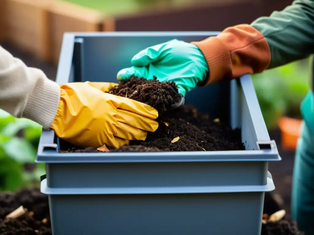 Manos con guantes girando compostaje seguro en el hogar con cuidado y profesionalismo, tonos tierra vibrantes en el compost