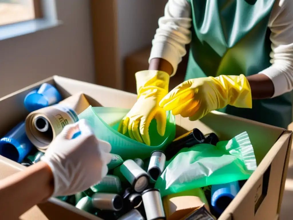 Unas manos con guantes separan con cuidado plástico, vidrio y papel en contenedores etiquetados, evitando contaminación cruzada en reciclaje doméstico