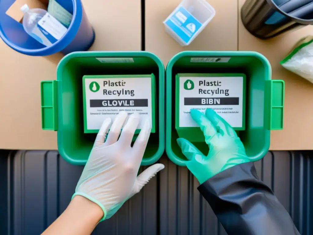 Manos con guantes separando materiales reciclables en contenedores con iconos claros