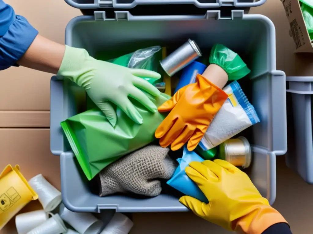 Unas manos con guantes separan vidrio, plástico, metal y papel en diferentes contenedores