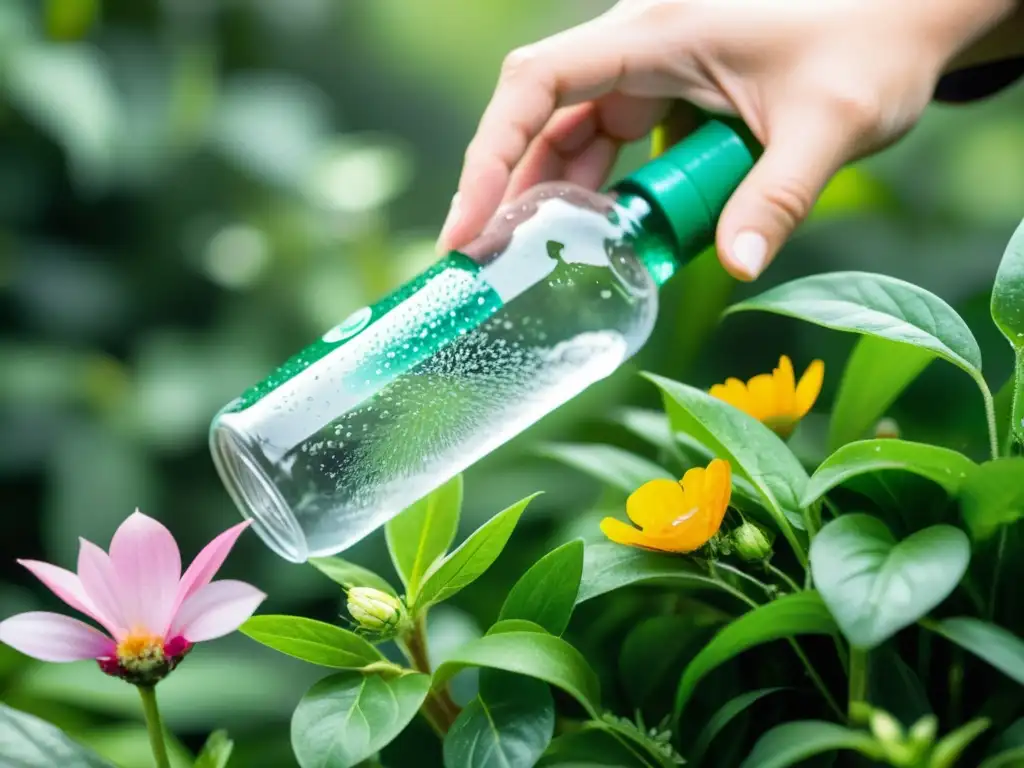 Manos hábiles cortando una botella plástico, rodeadas de vegetación, transformar botellas plástico en macetas colgantes