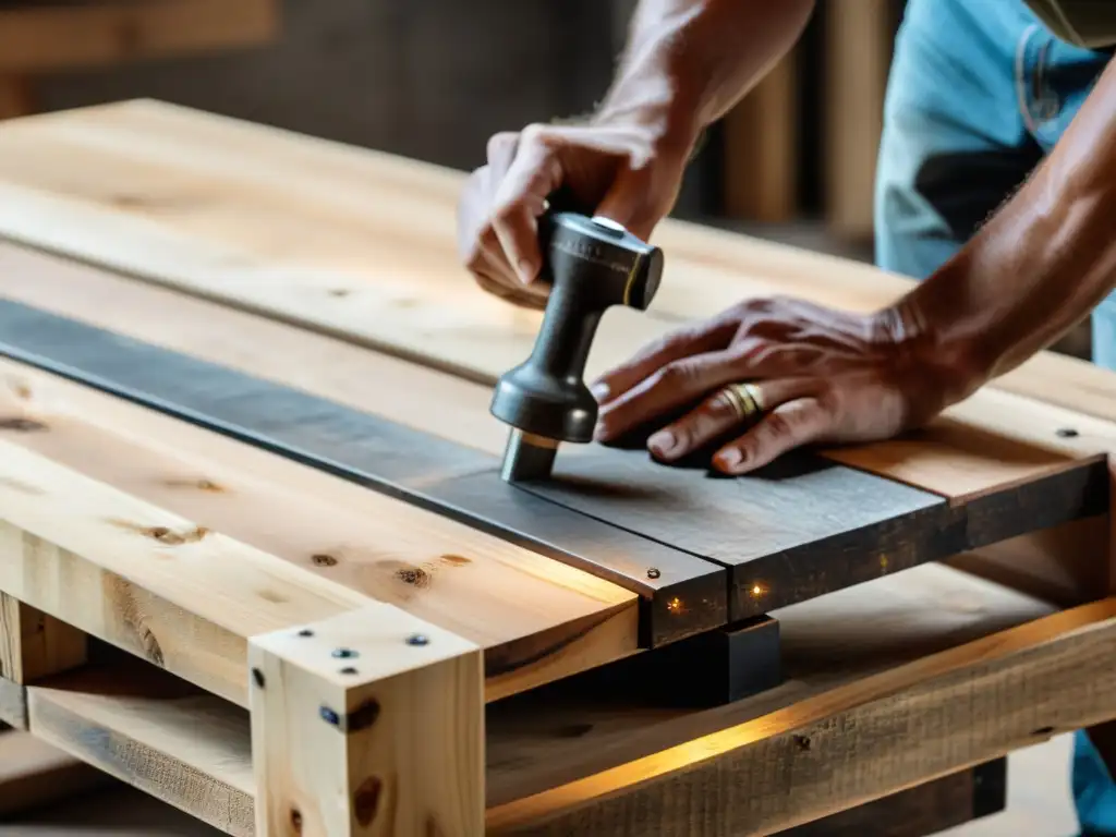 Manos hábiles ensamblan con martillo y clavos una mesa de café rústica con pallets reciclados