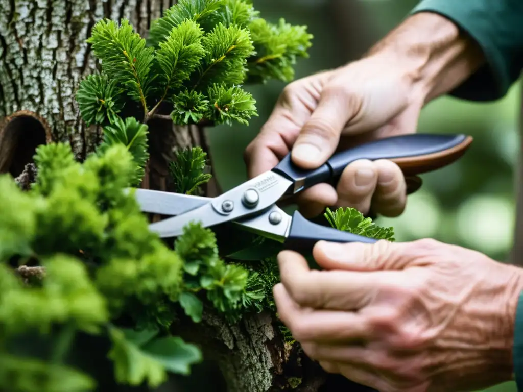 Manos usando herramientas de poda responsables para cuidar con precisión un árbol majestuoso