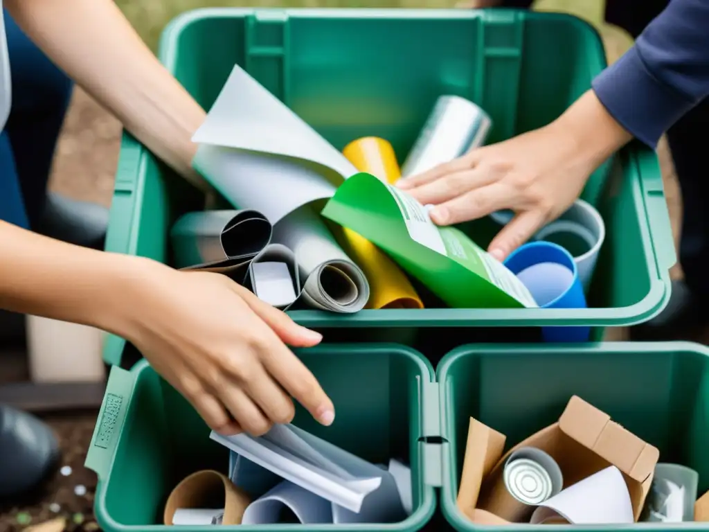 Manos separando materiales reciclables en casa: papel, plástico, vidrio y metal