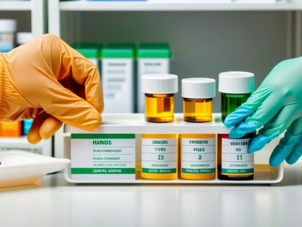 Unas manos separan medicamentos en envases etiquetados con cuidado en una superficie blanca