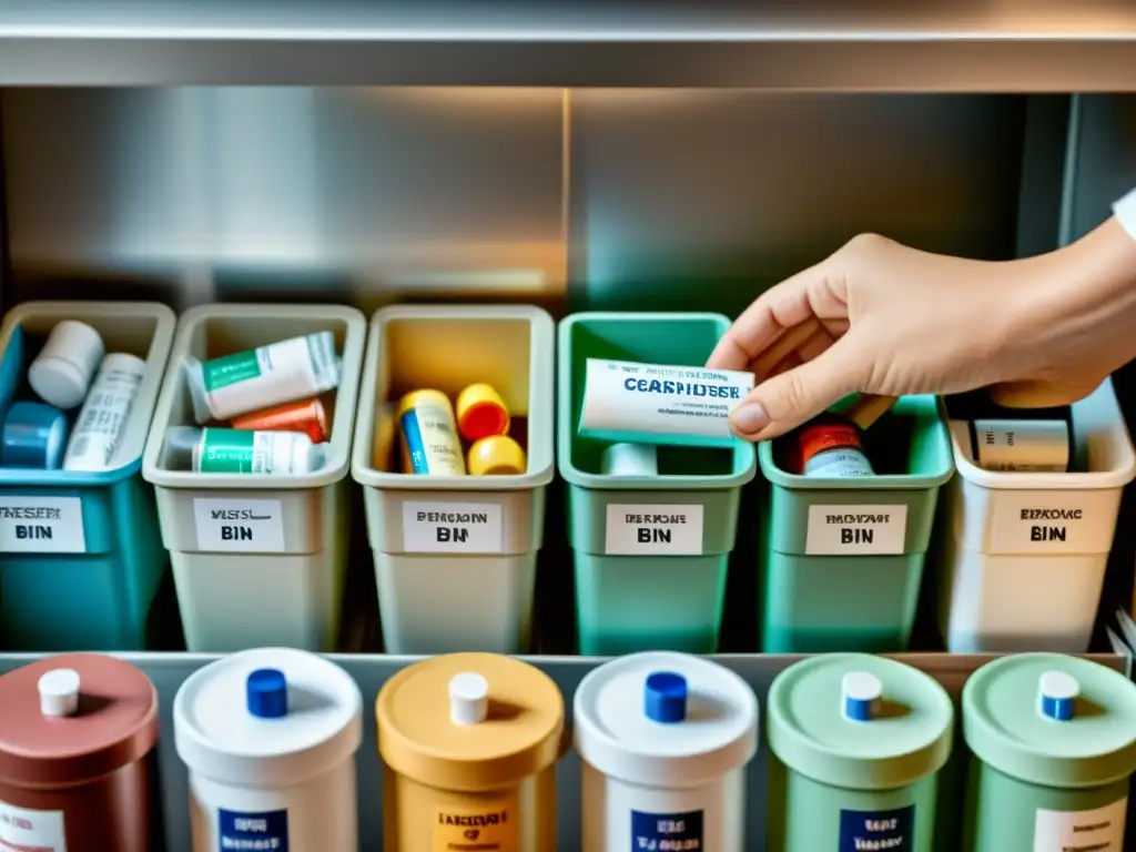 Manos separando medicamentos para reciclaje en casa con precisión y cuidado