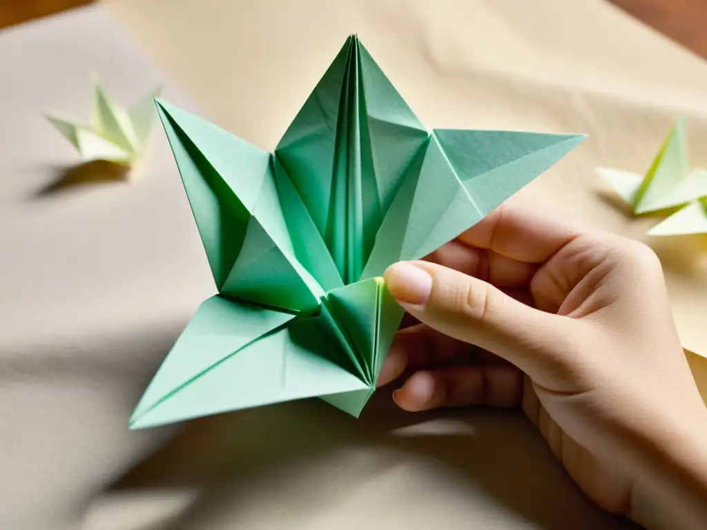 Unas manos meticulosas moldean papel reciclado en una grulla de origami, resaltando la importancia del reciclaje de papel