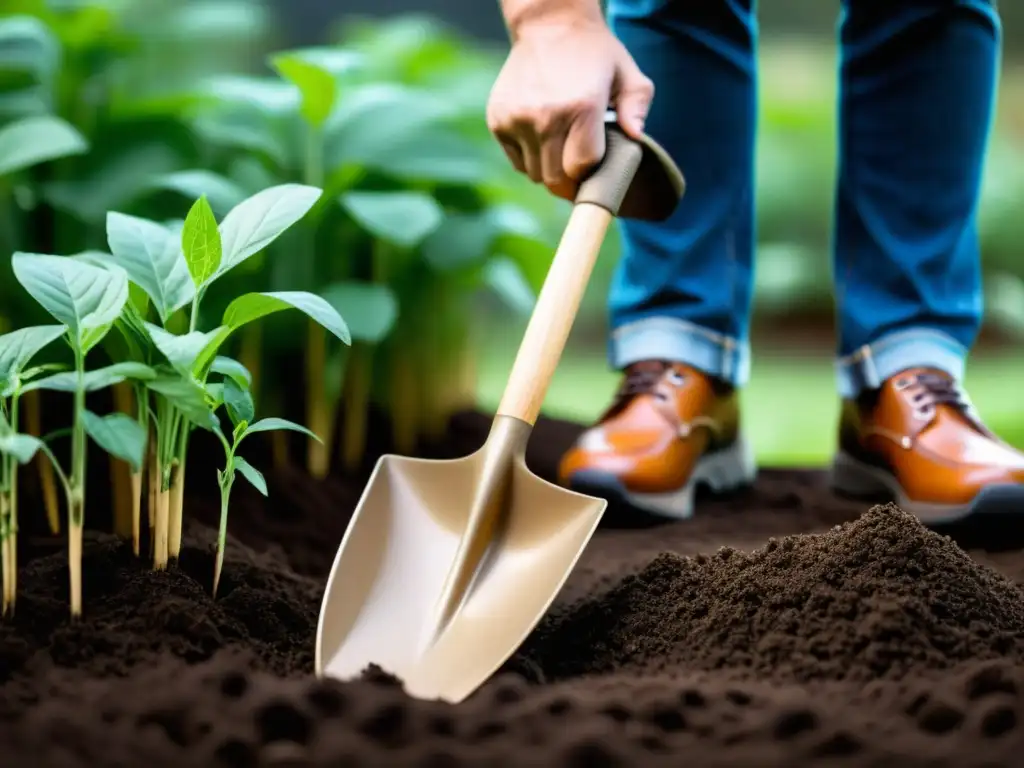 Manos sosteniendo pala ecológica: detalle y textura Unas manos sostienen una pala de jardinería biodegradable, resaltando sus beneficios para el huerto