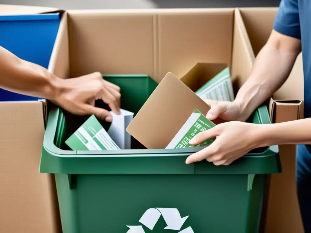 Manos separando papel y cartón en contenedores de reciclaje, transmitiendo técnicas eficientes de reciclaje de papel y cartón con precisión y cuidado