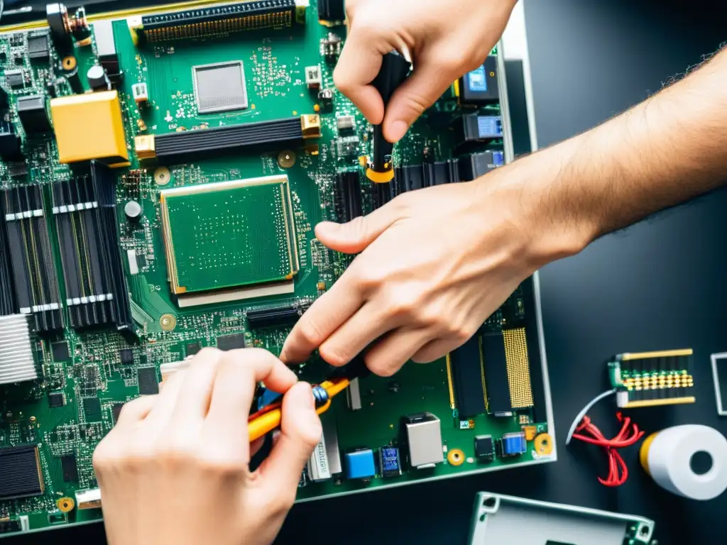 Manos desmantelando una placa madre de computadora con precisión y cuidado