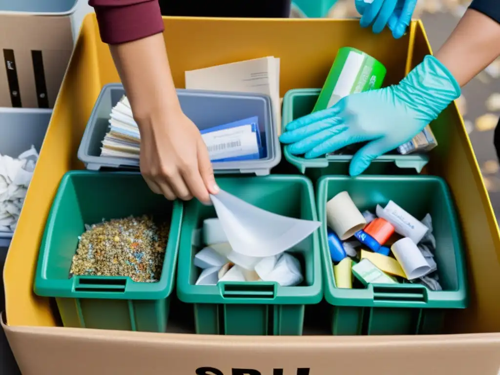 Unas manos clasifican cuidadosamente plástico, vidrio y papel en contenedores marcados