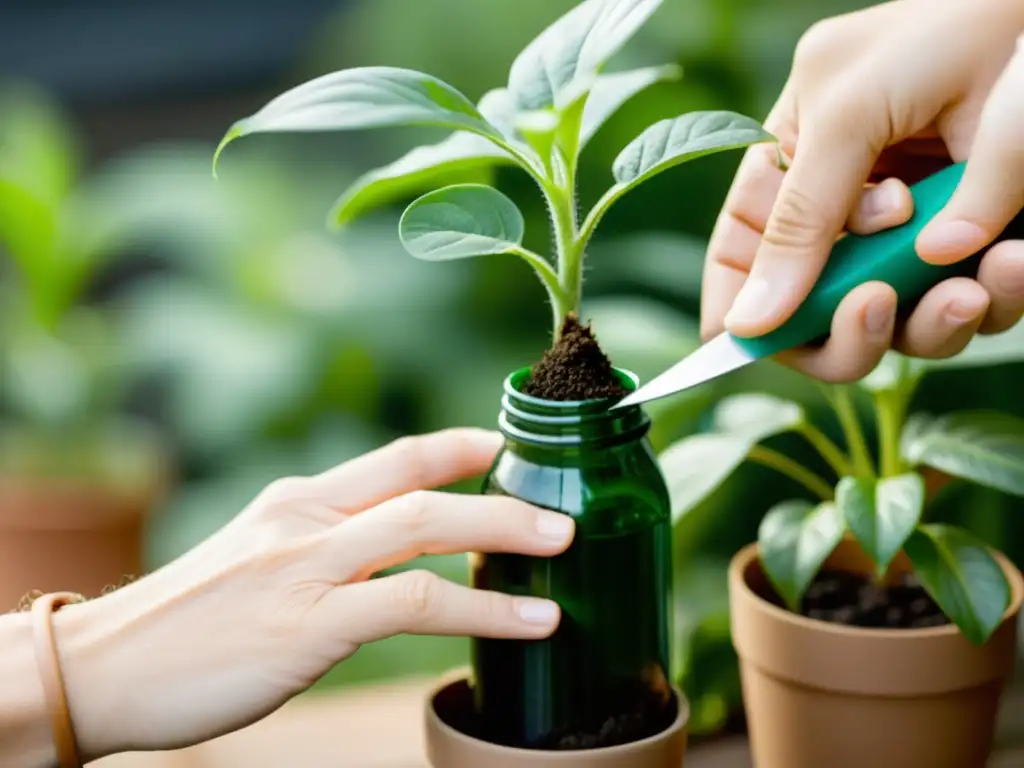 Manos precisas transforman una botella de plástico en maceta, con luz natural